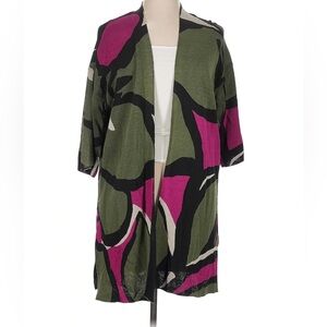 Chico's Traveler’s Green and Pink Open Front Cardigan Duster